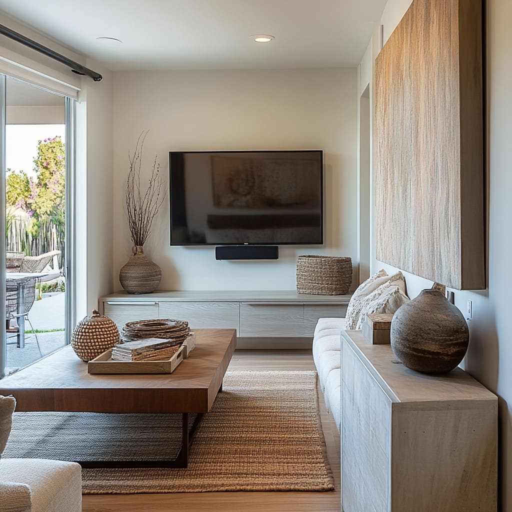 rack longo de TV em sala estreita