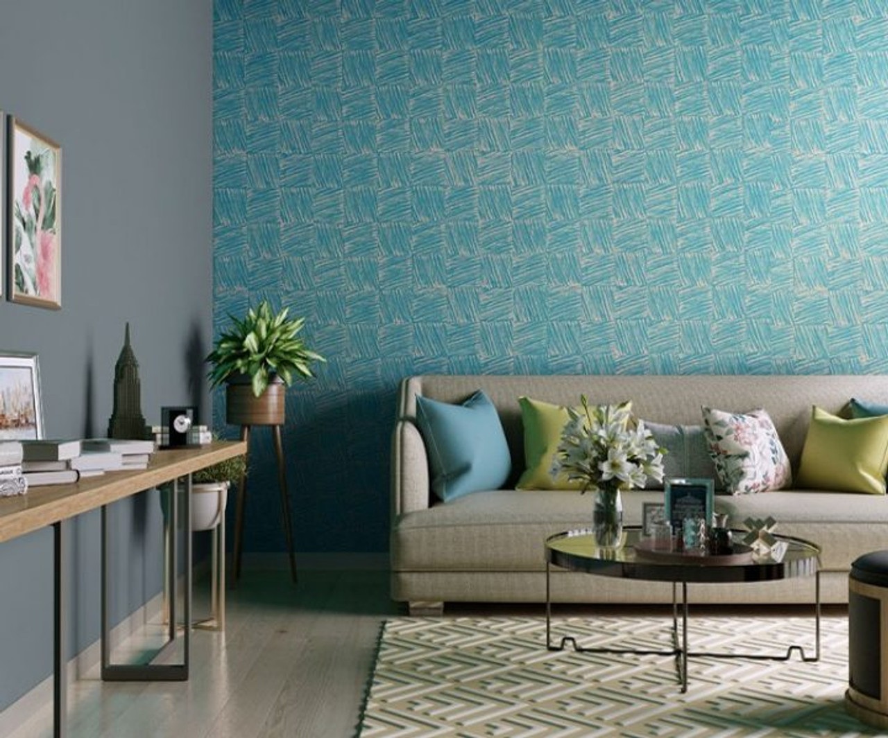 combinação de parede cinza com papel de parede em tom de azul