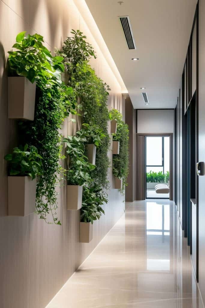 corredor longo com jardim vertical