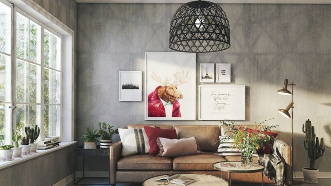 paredes de concreto em sala de estar iluminada