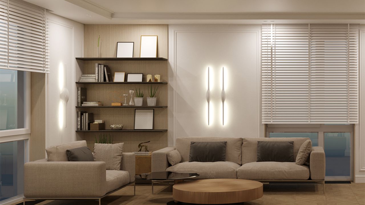 sala de estar com parede principal com iluminação estratégica