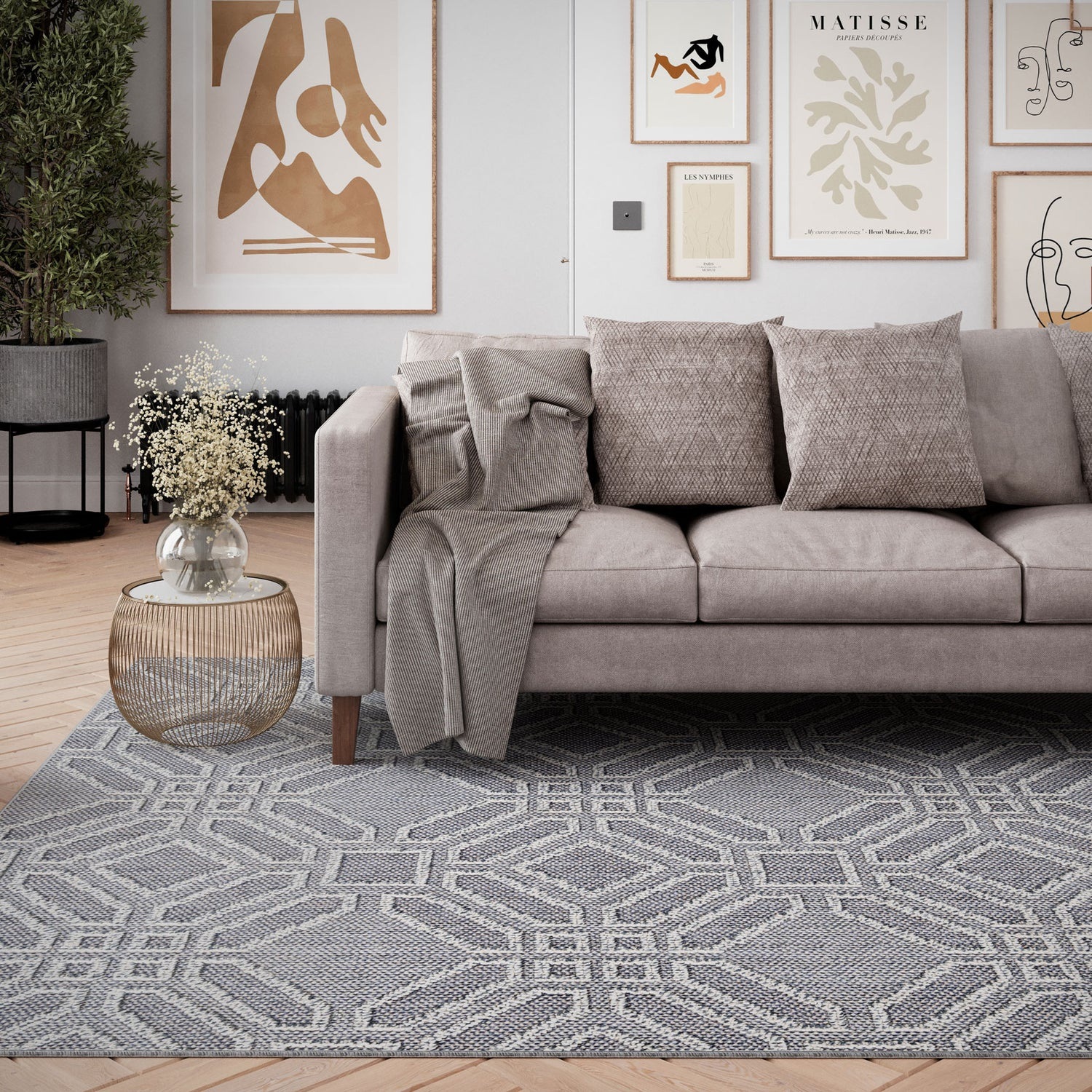 sala de estar com tapete geométrico