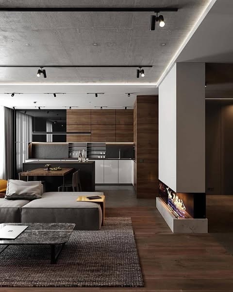 teto de concreto em espaço integrado de sala e cozinha