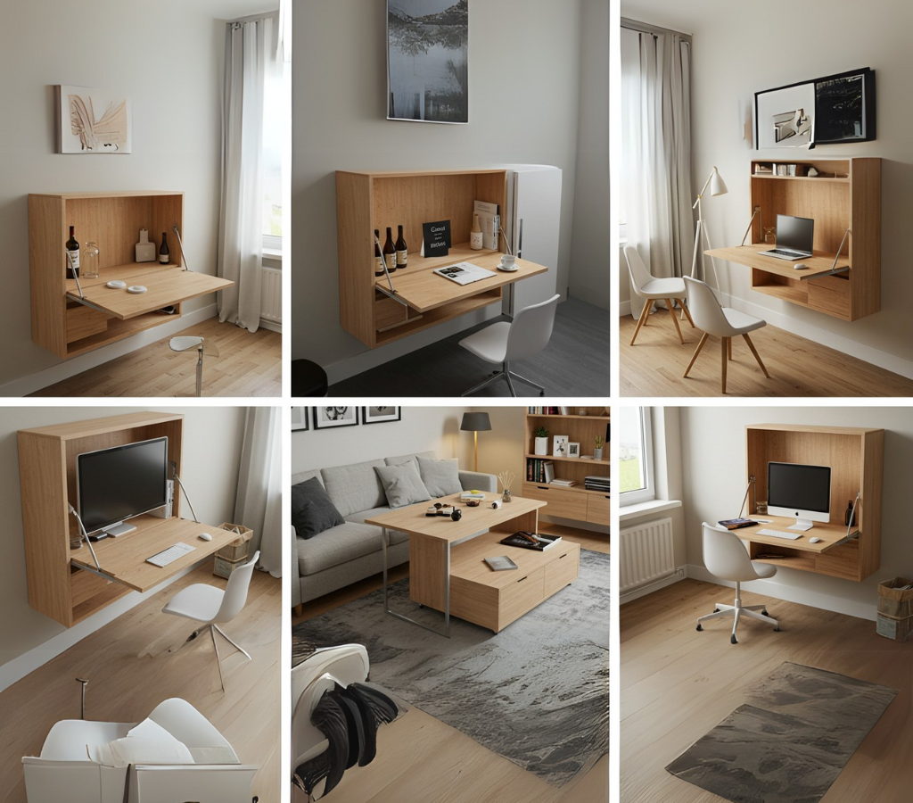 Mesas dobráveis ou embutidas -espaços ociosos