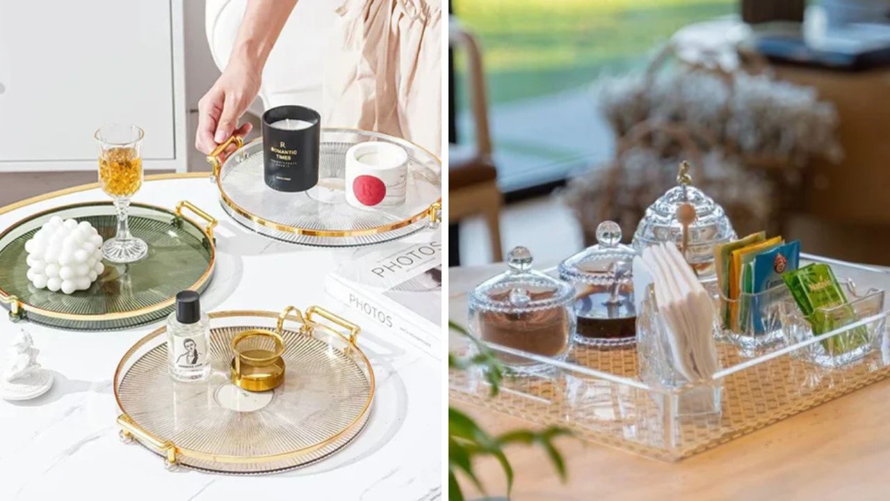 bandejas decorativas com toque espelhado ou acrílico