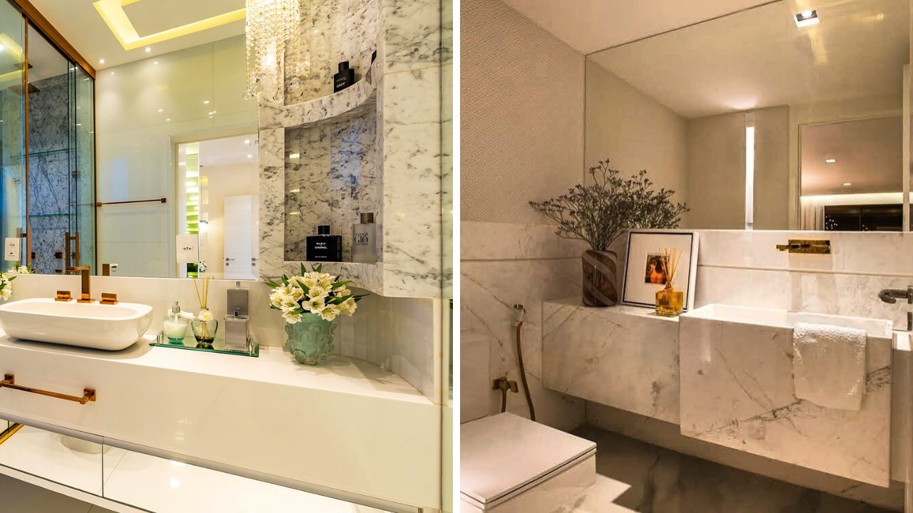 mármore Carrara e metais dourados em banheiros