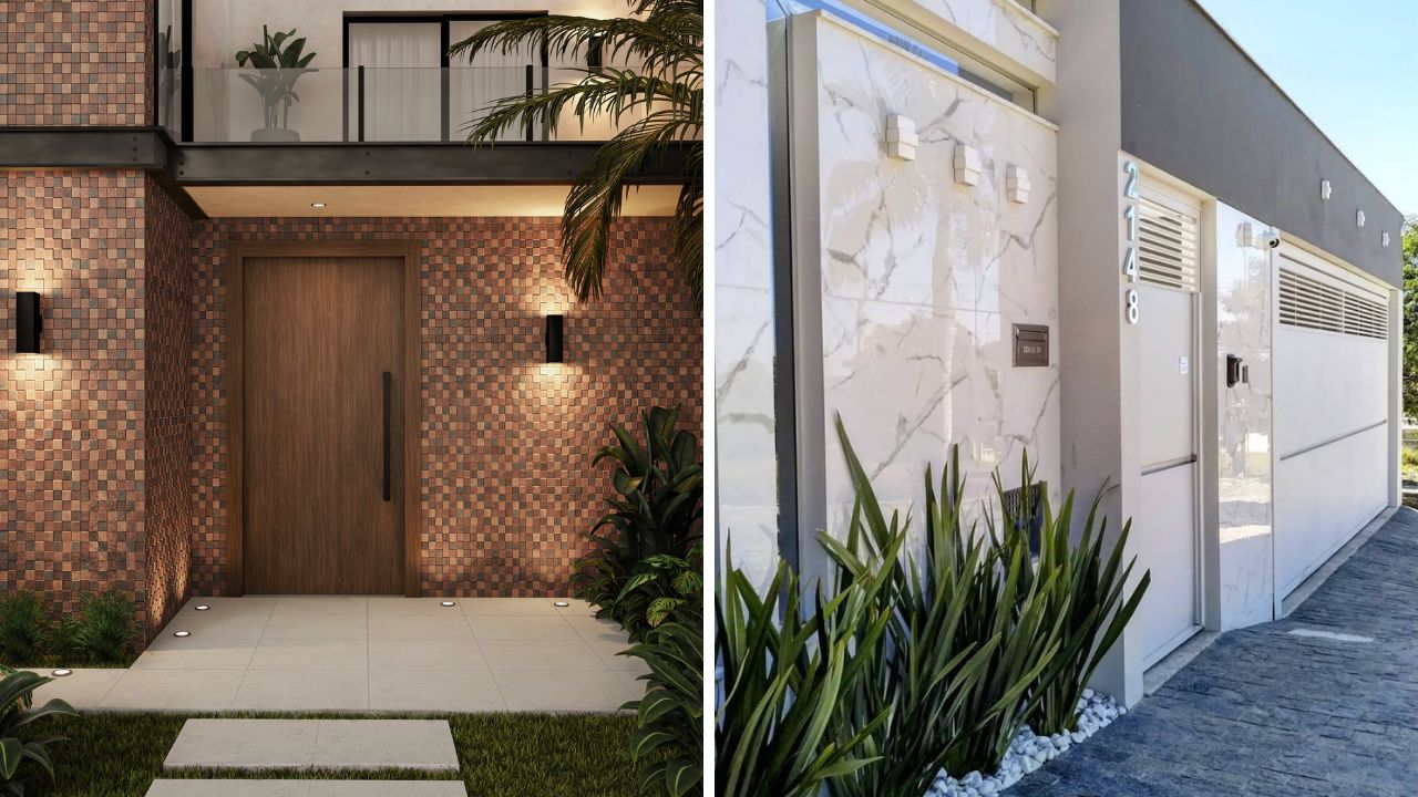 revestimento cerâmico e porcelanato na fachada de casas