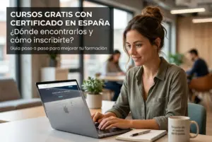 Mulher digitando em laptop sobre cursos gratuitos na Espanha 2026