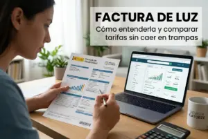 Mulher analisa factura de eletricidade com laptop e calculadora