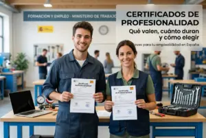 Pessoas felizes com certificados em workshop profissional na Espanha