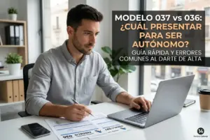 Homem analisando Modelo 036 e 037 no laptop em escritório