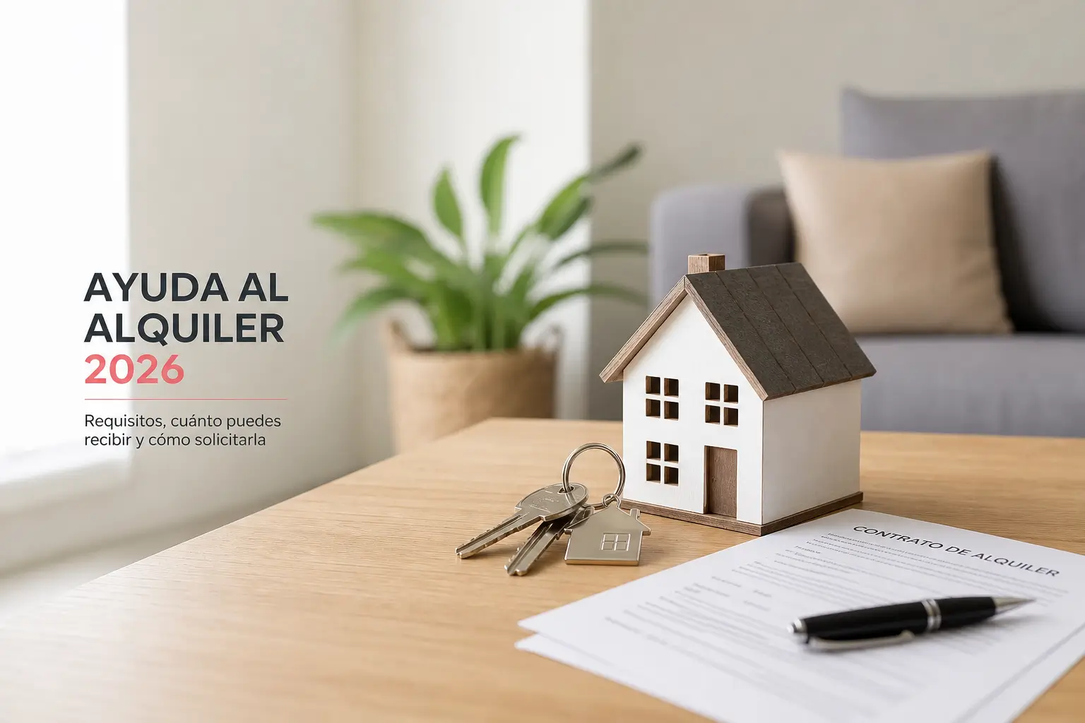 Modelo de casa com chaves e documento sobre aluguel 2026
