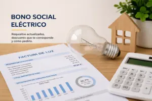 Bono social elétrico: bombilla, factura de luz e calculadora sobre mesa