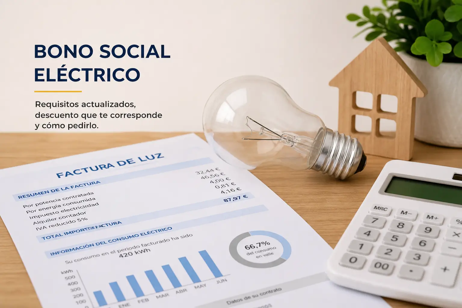 Bono social elétrico: bombilla, factura de luz e calculadora sobre mesa