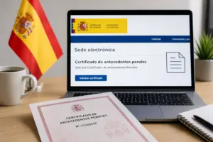 Laptop com site 'Sede electrónica' e certificado antec. penais