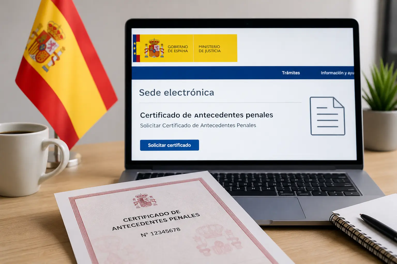 Laptop com site 'Sede electrónica' e certificado antec. penais