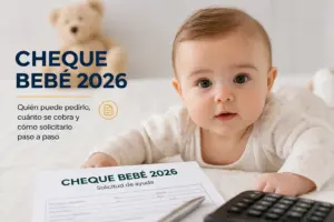 Bebê com Cheque Bebé 2026 e calculadora em fundo