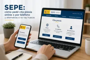 Smartphone com página de 'Cita previa' do SEPE e laptop com site SEPE