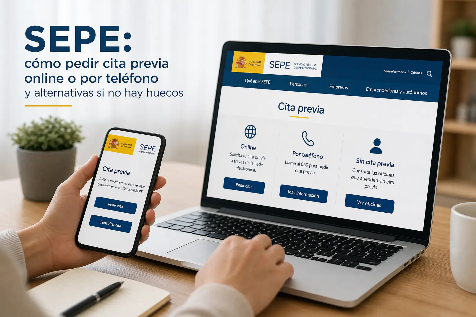 Smartphone com página de 'Cita previa' do SEPE e laptop com site SEPE