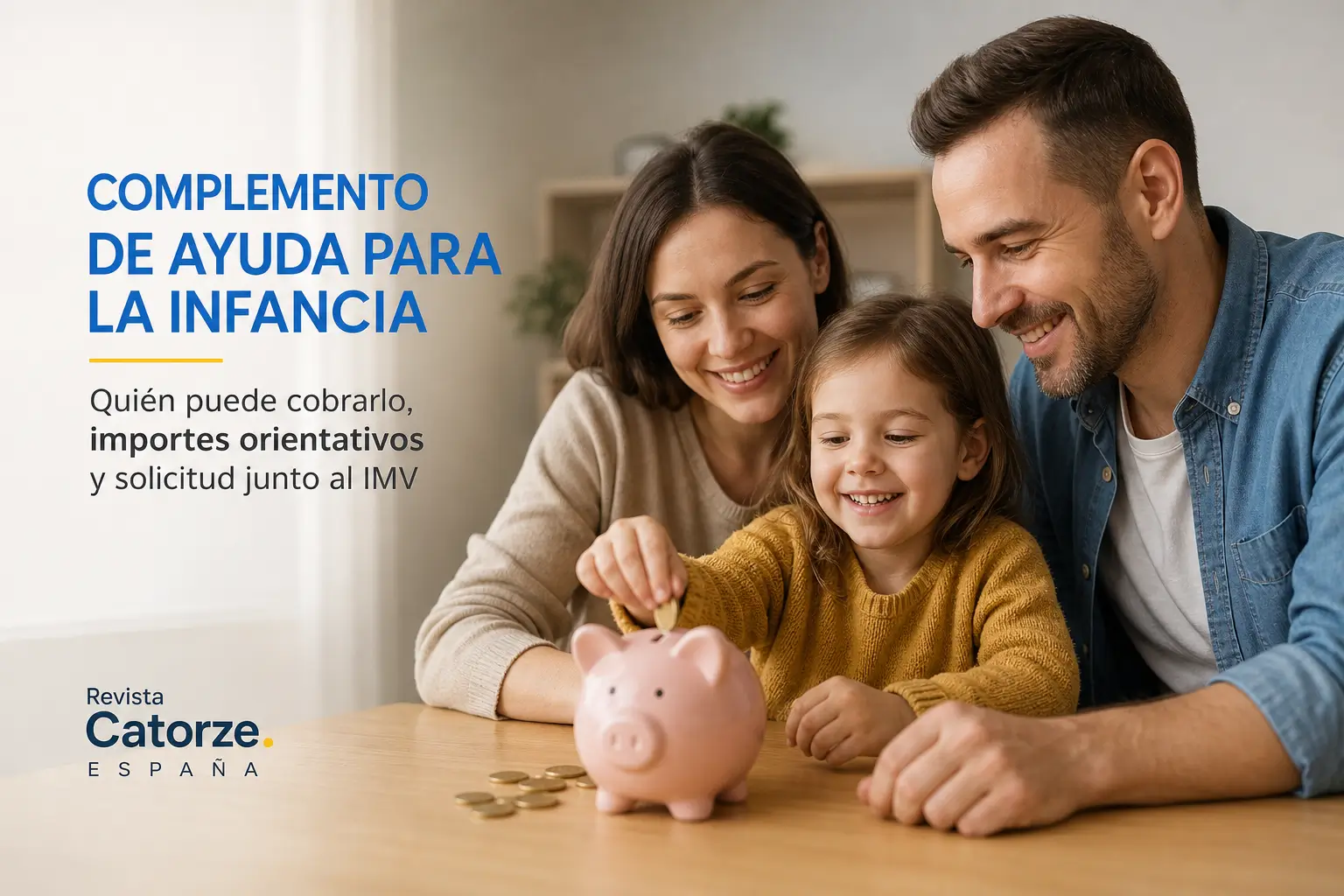 Família feliz com cofre infantil ensinando educação financeira