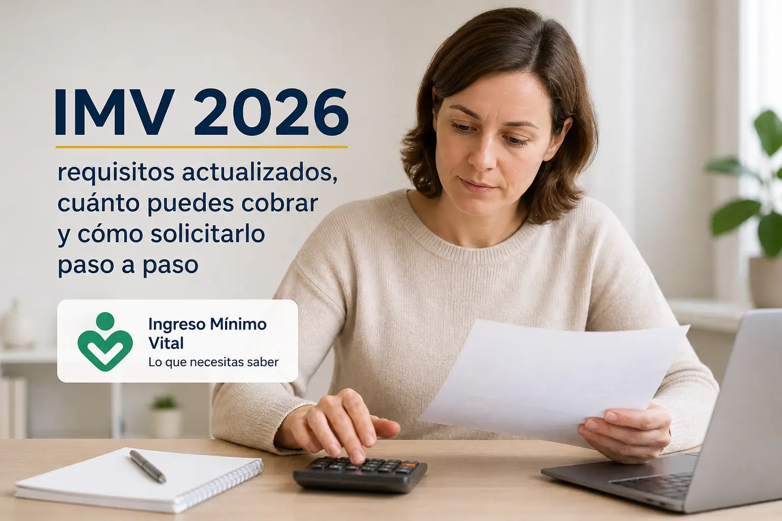 Mulher revisando documentos e calculando, IMV 2026